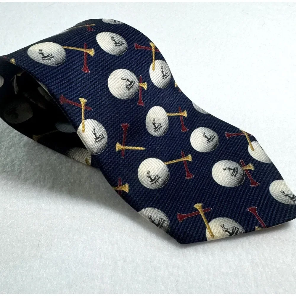 Pinehurst NC Golf Silk Necktie Navy Tees‎ and Golf Balls Putterboy Print Novelty